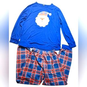 SANTA Christmas Holiday Unisex Blue & Plaid Checkered Pajamas, XXL